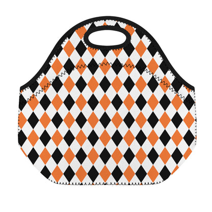 White Black And Orange Harlequin Print Neoprene Lunch Bag