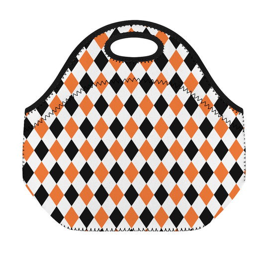 White Black And Orange Harlequin Print Neoprene Lunch Bag