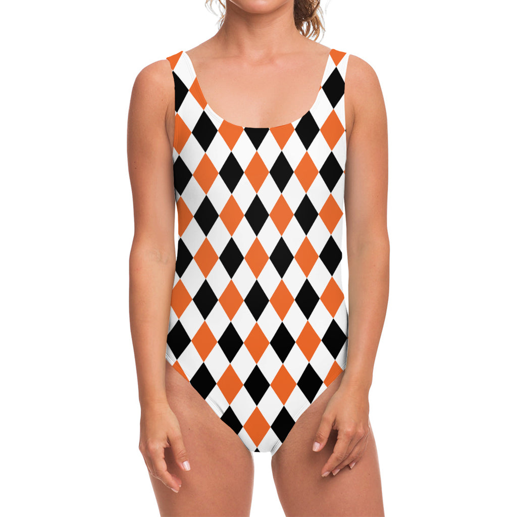 White Black And Orange Harlequin Print One Piece Swimsuit