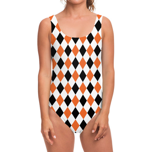 White Black And Orange Harlequin Print One Piece Swimsuit