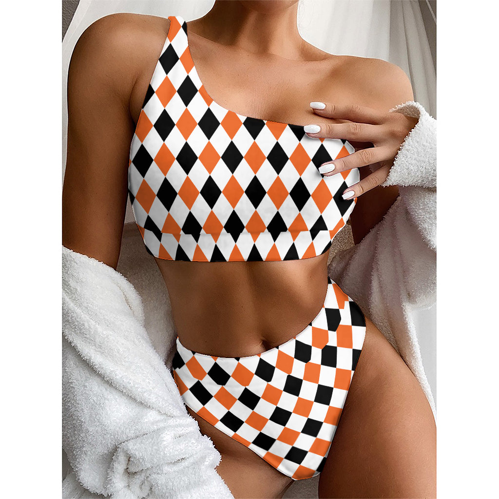 White Black And Orange Harlequin Print One Shoulder Bikini Top