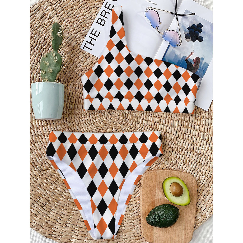 White Black And Orange Harlequin Print One Shoulder Bikini Top