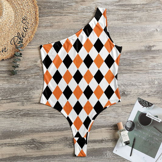 White Black And Orange Harlequin Print One Shoulder Bodysuit