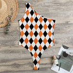 White Black And Orange Harlequin Print One Shoulder Bodysuit
