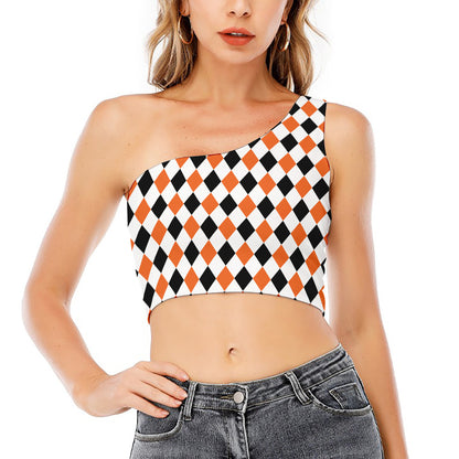 White Black And Orange Harlequin Print One Shoulder Crop Top