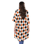 White Black And Orange Harlequin Print Open Front Beach Cover Up