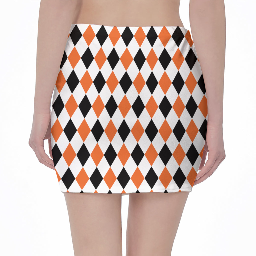 White Black And Orange Harlequin Print Pencil Mini Skirt