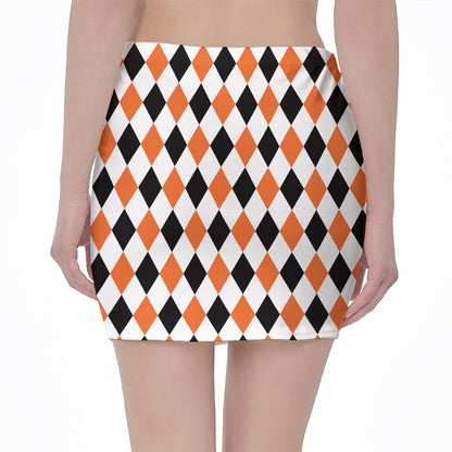 White Black And Orange Harlequin Print Pencil Mini Skirt
