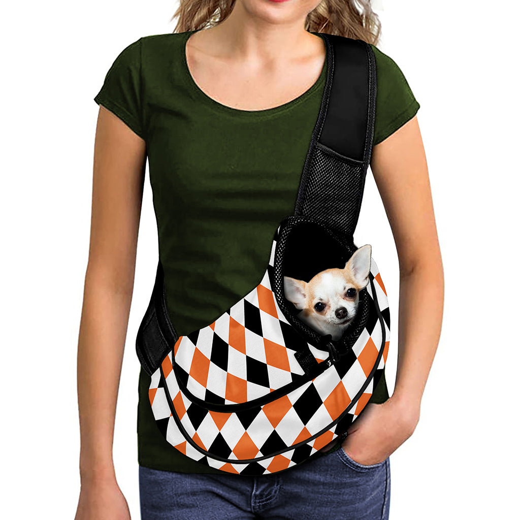 White Black And Orange Harlequin Print Pet Sling Carrier