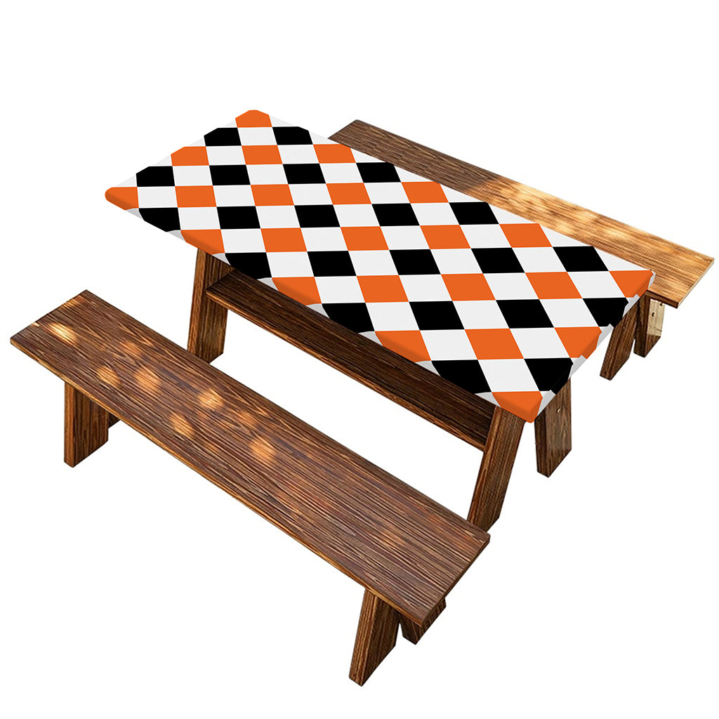 White Black And Orange Harlequin Print Picnic Table Cover