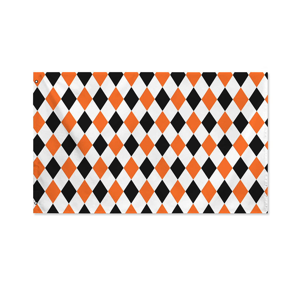 White Black And Orange Harlequin Print Polyester Flag