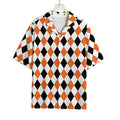 White Black And Orange Harlequin Print Rayon Hawaiian Shirt