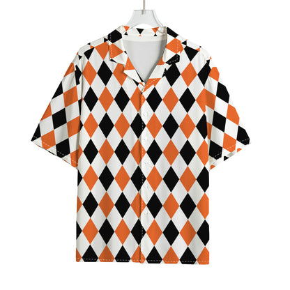 White Black And Orange Harlequin Print Rayon Hawaiian Shirt
