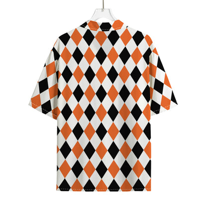 White Black And Orange Harlequin Print Rayon Hawaiian Shirt