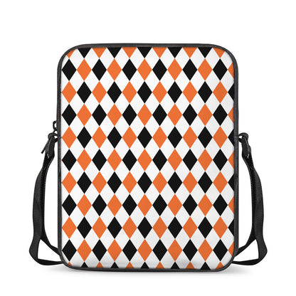 White Black And Orange Harlequin Print Rectangular Crossbody Bag
