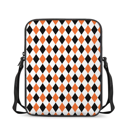 White Black And Orange Harlequin Print Rectangular Crossbody Bag