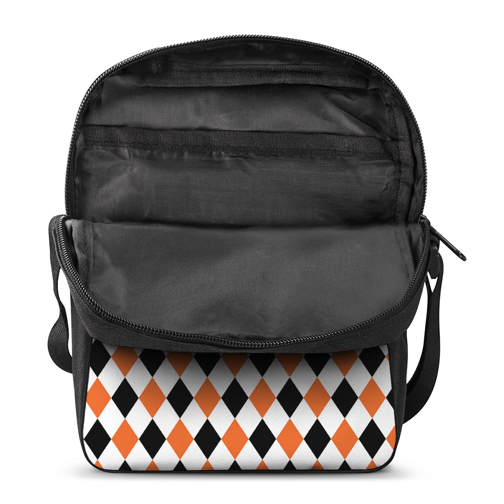 White Black And Orange Harlequin Print Rectangular Crossbody Bag