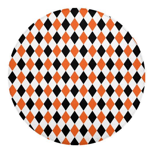 White Black And Orange Harlequin Print Round Blanket