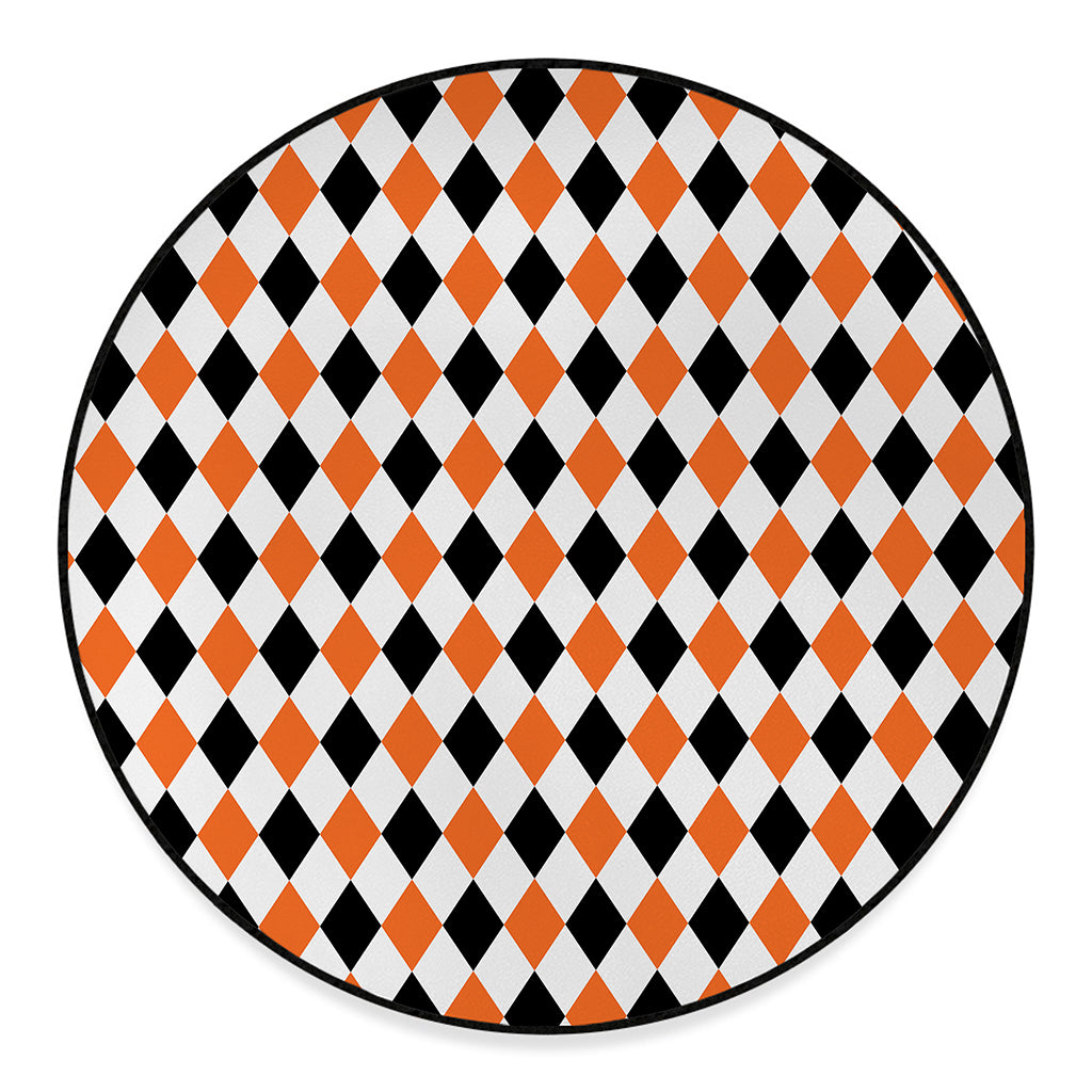 White Black And Orange Harlequin Print Round Floor Mat