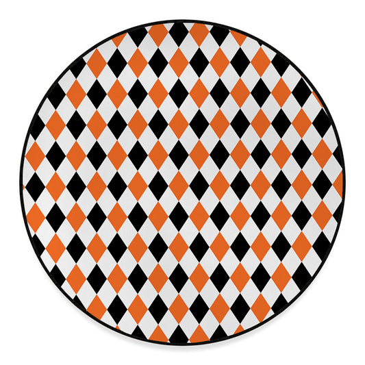 White Black And Orange Harlequin Print Round Floor Mat