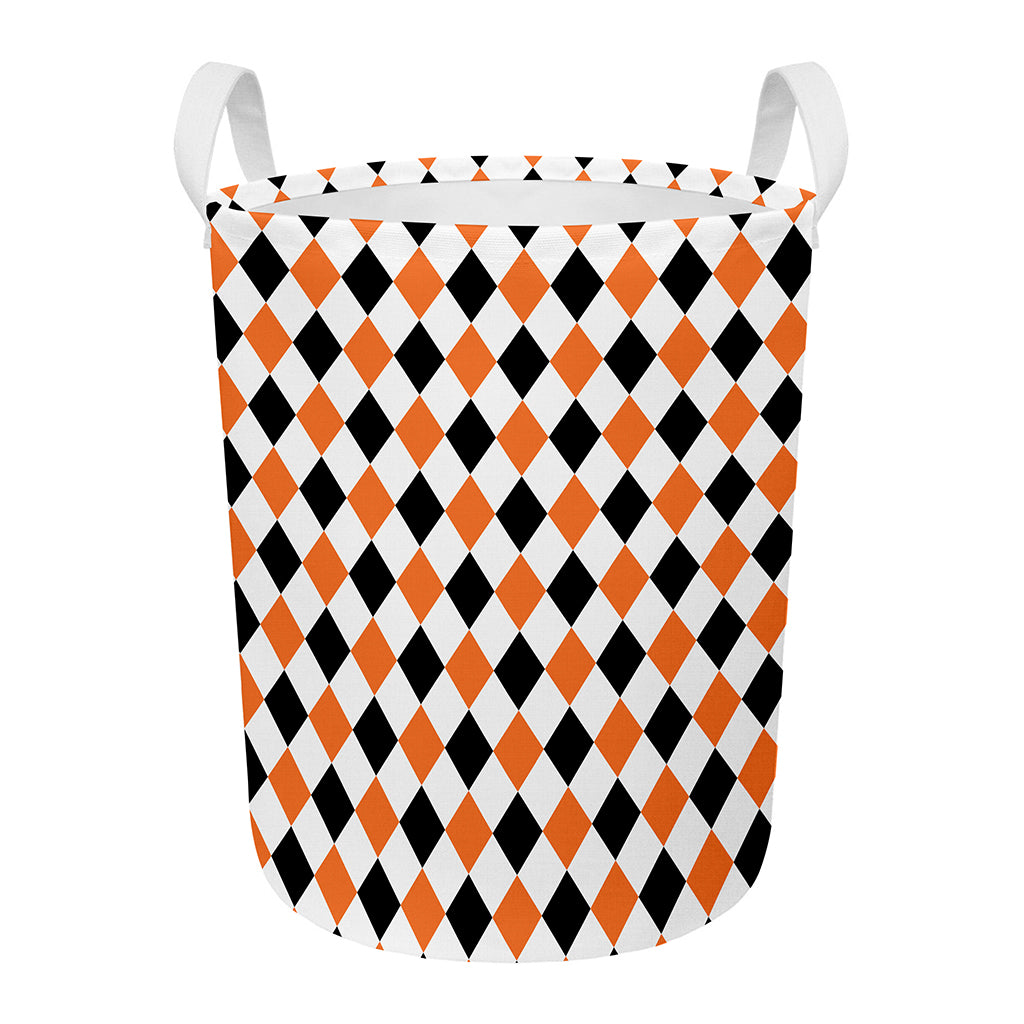 White Black And Orange Harlequin Print Round Laundry Basket
