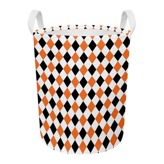 White Black And Orange Harlequin Print Round Laundry Basket