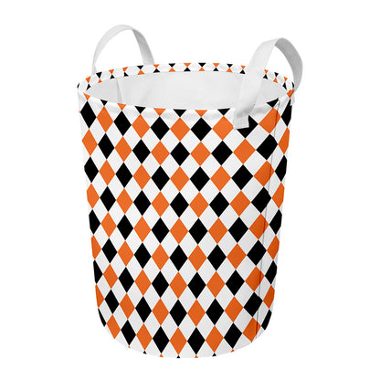 White Black And Orange Harlequin Print Round Laundry Basket