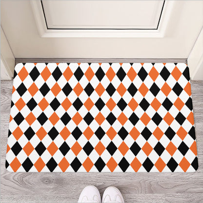 White Black And Orange Harlequin Print Rubber Doormat