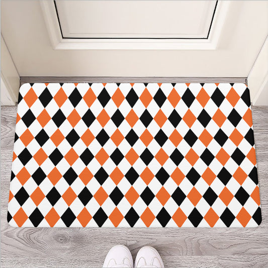 White Black And Orange Harlequin Print Rubber Doormat