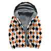 White Black And Orange Harlequin Print Sherpa Lined Zip Up Hoodie