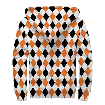 White Black And Orange Harlequin Print Sherpa Lined Zip Up Hoodie