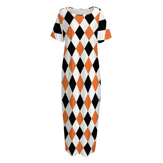 White Black And Orange Harlequin Print Short Sleeve Long Nightdress