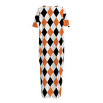 White Black And Orange Harlequin Print Short Sleeve Long Nightdress