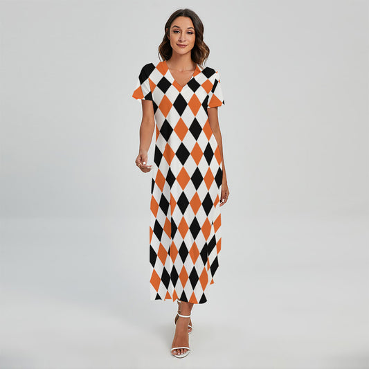 White Black And Orange Harlequin Print Short Sleeve Maxi Dress