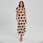 White Black And Orange Harlequin Print Short Sleeve Maxi Dress