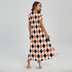 White Black And Orange Harlequin Print Short Sleeve Maxi Dress