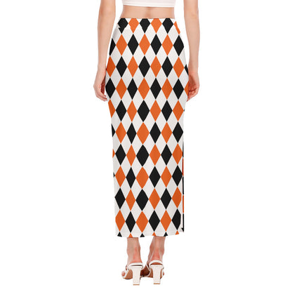 White Black And Orange Harlequin Print Side Slit Maxi Skirt