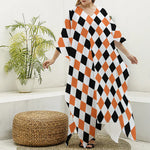 White Black And Orange Harlequin Print Silk V-Neck Kaftan Dress
