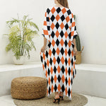 White Black And Orange Harlequin Print Silk V-Neck Kaftan Dress