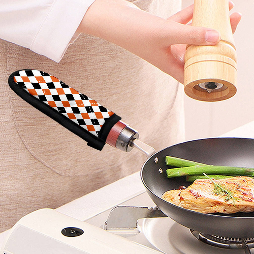 White Black And Orange Harlequin Print Skillet Handle Cover