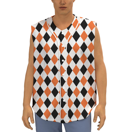 White Black And Orange Harlequin Print Sleeveless Baseball Jersey
