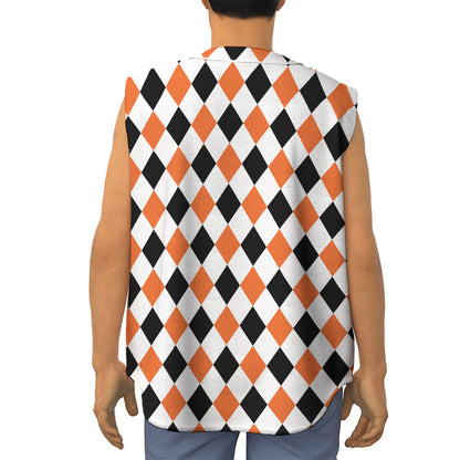 White Black And Orange Harlequin Print Sleeveless Baseball Jersey