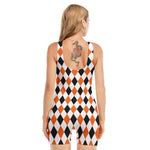 White Black And Orange Harlequin Print Sleeveless One Piece Swimsuit