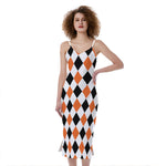White Black And Orange Harlequin Print Slim Fit Midi Cami Dress