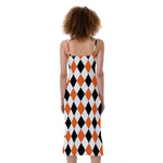 White Black And Orange Harlequin Print Slim Fit Midi Cami Dress