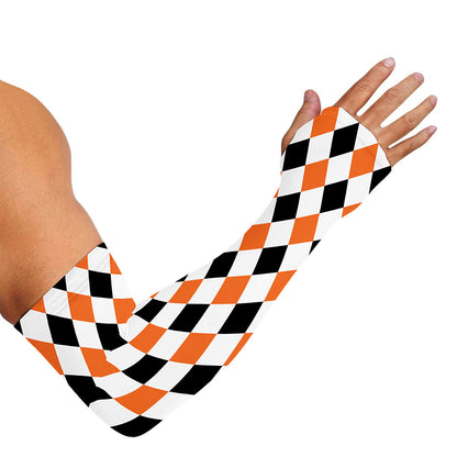 White Black And Orange Harlequin Print Sun Protection Arm Sleeves