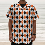 White Black And Orange Harlequin Print Textured Short Sleeve Shirt
