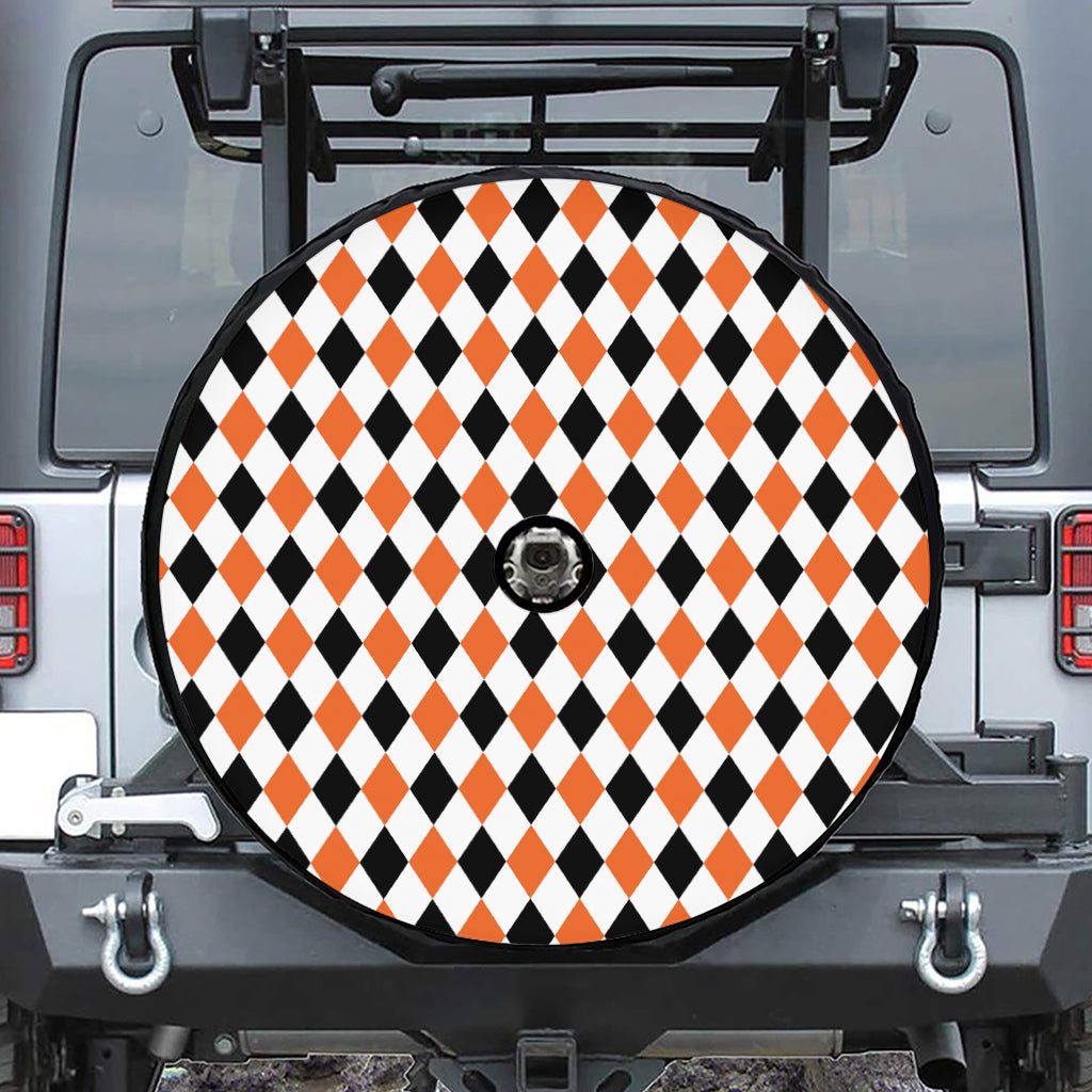 White Black And Orange Harlequin Print Tire Cover With Camera Hole