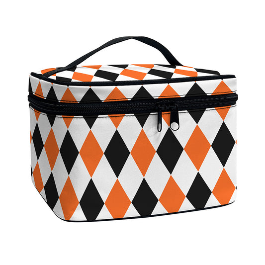 White Black And Orange Harlequin Print Travel Makeup Bag