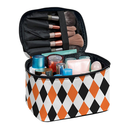 White Black And Orange Harlequin Print Travel Makeup Bag